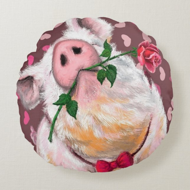 Cojín Redondo Graciosa Pillow Gentleman Pig redonda con Rosa (Anverso)