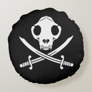 Cojín Redondo Gracioso Black White Jolly Kitty Pirate Skull Bone