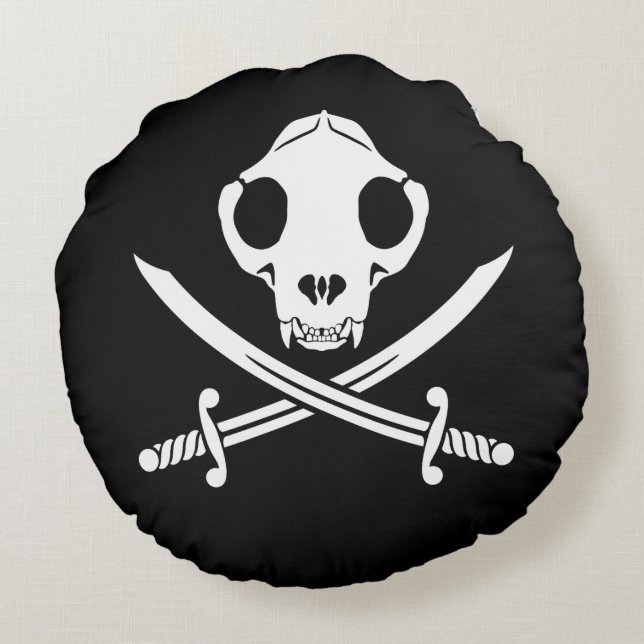 Cojín Redondo Gracioso Black White Jolly Kitty Pirate Skull Bone (Reverso)