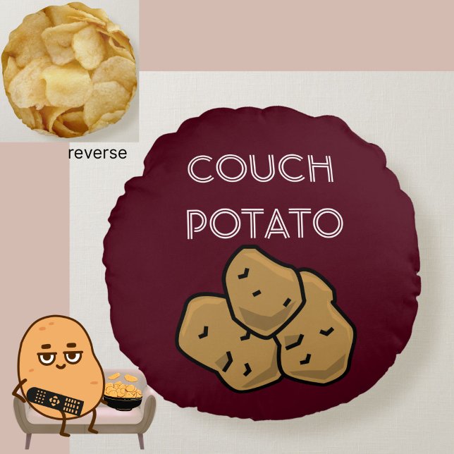 Cojín Redondo Gracioso "Couch Potato" + Chips de Papa Binge Mira (This funny Couch Potato cushion is perfect for the lovable sloth in your life. Choice of colors.)