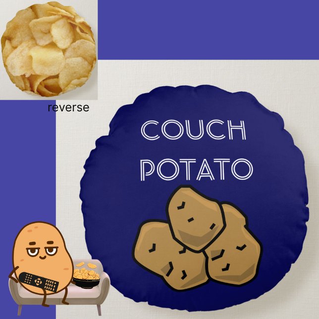 Cojín Redondo Gracioso "Couch Potato" + Chips de Papa Binge Mira (This funny Couch Potato cushion is perfect for the lovable sloth in your life. Choice of colors.)