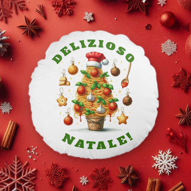 Cojín Redondo Gracioso Espagueti Árbol de Navidad Delizioso Nata (Funny Christmas Spaghetti Tree Round Pillow Cover Photo)