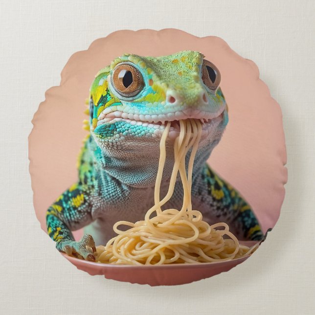 Cojín Redondo Gracioso Gecko comiendo Spaghetti (Anverso)