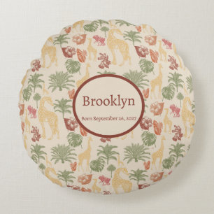 Cojín Redondo Grafa de Safari y guardería de hojas tropicales