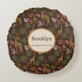 Cojín Redondo Grafa de Safari y guardería de hojas tropicales