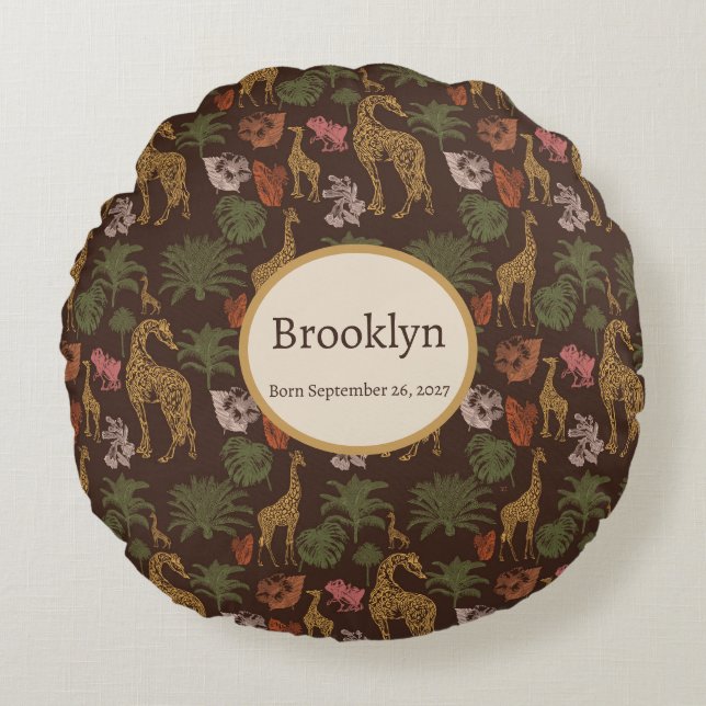 Cojín Redondo Grafa de Safari y guardería de hojas tropicales (Anverso)