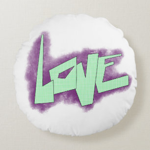 Cojín Redondo graffiti de amor morado verde menta tipografía pun