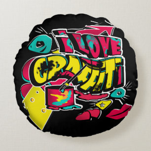 Cojín Redondo Graffiti de texto de historietas abstractas labios