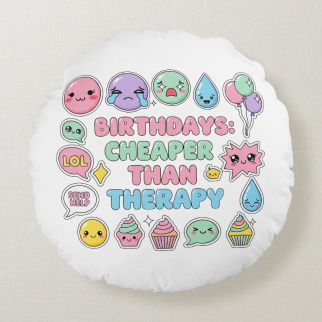 Cojín Redondo Gráfica divertida cita de cumpleaños de Emoji (Anverso)