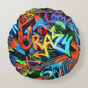 Cojín Redondo Grafiti brillante, diseño gráfico urbano.