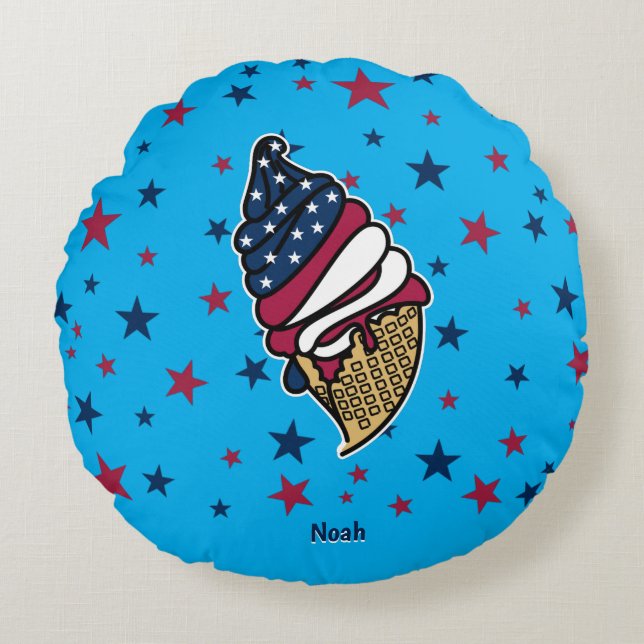 Cojín Redondo Gran Cono de Helado Rojo Blanco Azul (Anverso)