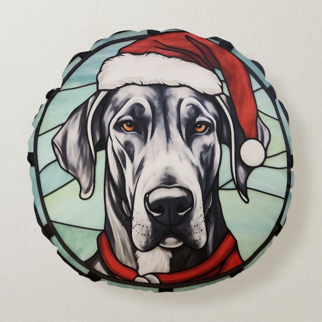 Cojín Redondo Gran Danés Vidrio Pintado de Navidad (Anverso)
