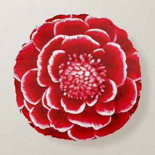 Cojín Redondo Gran Flor de Dalia Roja y Blanca  
