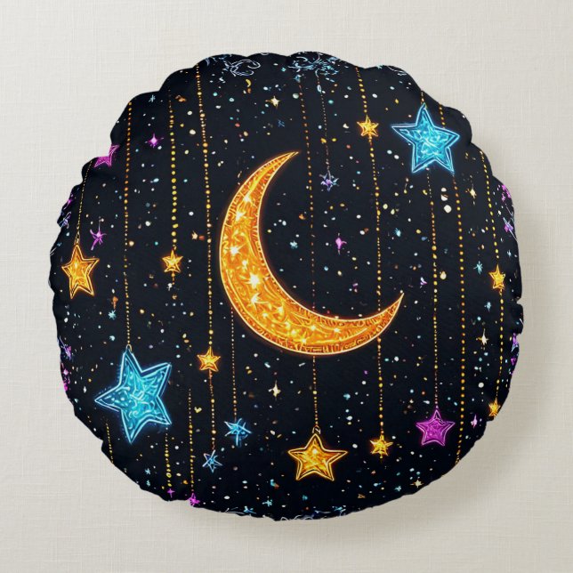 Cojín Redondo Gran luna creciente y numerosas estrellas (Anverso)