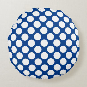 Cojín Redondo Gran punto retro - blanco y azul cobalto