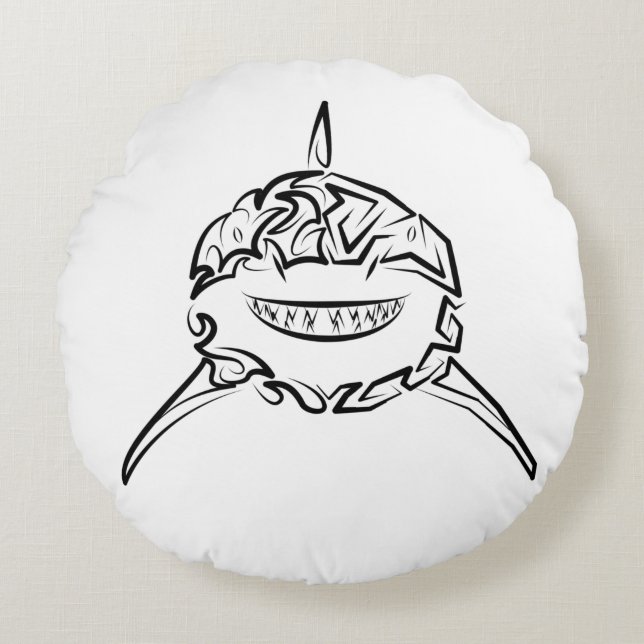 Cojín Redondo Gran tiburón blanco y negro tribal (Anverso)