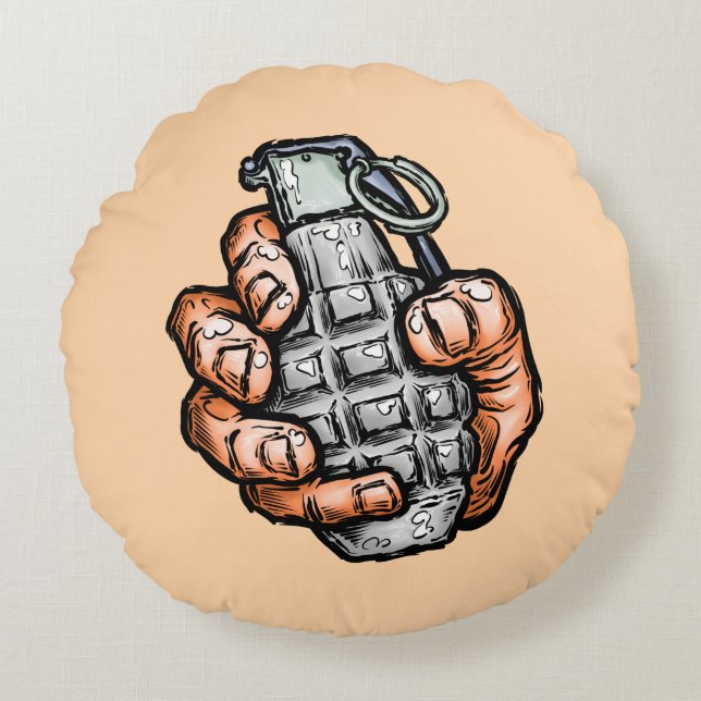 Cojín Redondo Granada De Mano Al Estilo De Los Comics (Anverso)