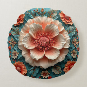 Cojín Redondo Grandes Flores de Coral