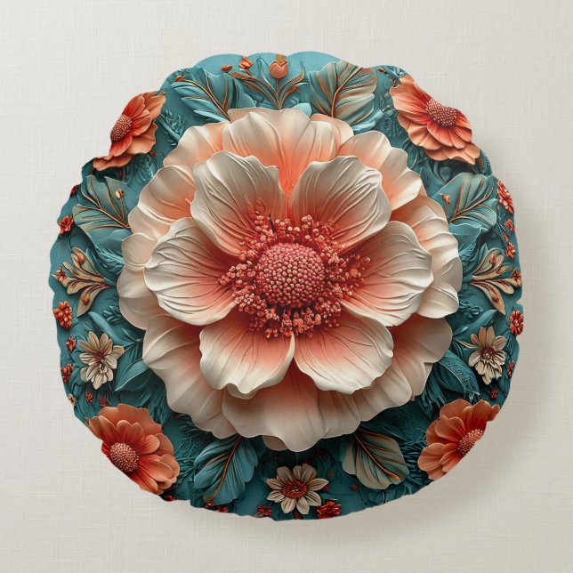 Cojín Redondo Grandes Flores de Coral (Anverso)