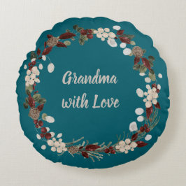 Cojín Redondo Grandma Christmas wreath on a rich teal