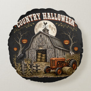 Cojín Redondo Granja de calabazas de Halloween rural con tractor