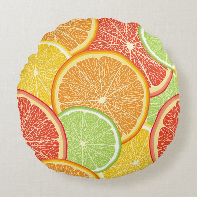 Cojín Redondo Grapefruit y fondo abstracto naranja. (Anverso)