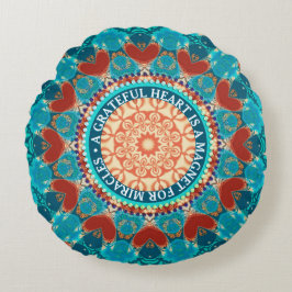 Cojín Redondo Gratitude Aqua Verde azulado Mandala Personalizabl