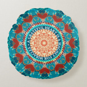 Cojín Redondo Gratitude Aqua Verde azulado Mandala Personalizabl