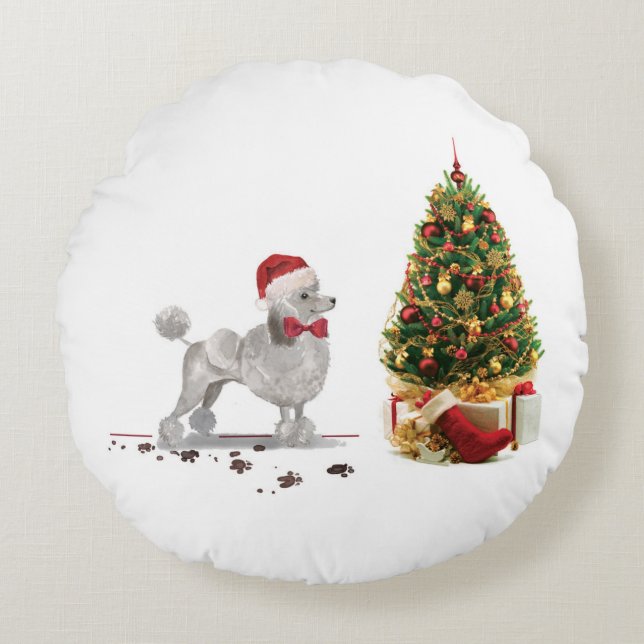 Cojín Redondo Gray Poodle Funny Navidades perro con árbol (Anverso)