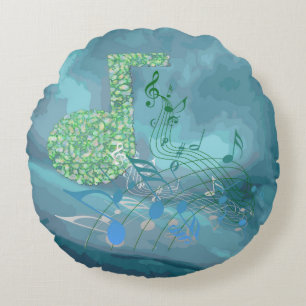 Cojín Redondo Green&Blue Music Notes Aqua Abstract Round Pillow
