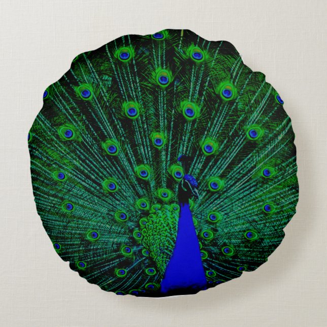 COJÍN REDONDO GREEN BLUE YELLOW STUNNING PEACOCK (Reverso)