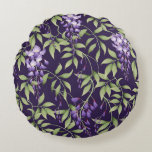 Cojín Redondo  Green Leaves and Wisteria Floral Pattern<br><div class="desc">Seamless pattern of lush green leaves and delicate purple wisteria flowers on a dark purple background,  creating an elegant,  floral design.</div>