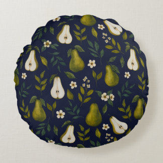 Cojín Redondo Green Pear Watercolor Pattern on Dark Blue 