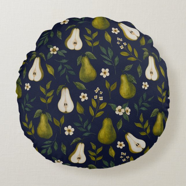 Cojín Redondo Green Pear Watercolor Pattern on Dark Blue  (Anverso)