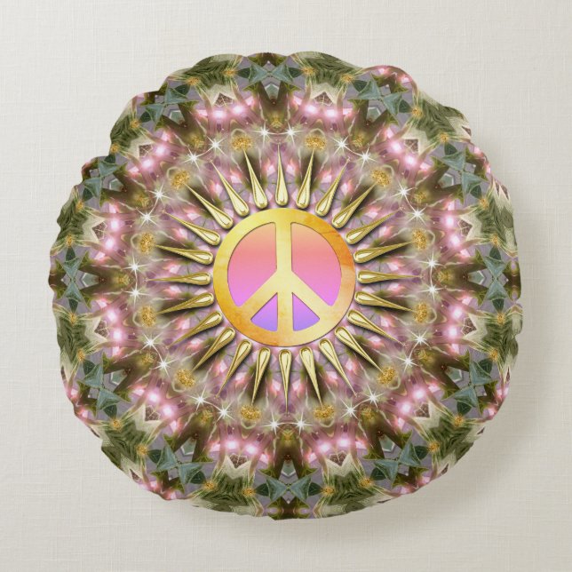 Cojín Redondo Green Pink Healing Light Peace Mandala (Anverso)