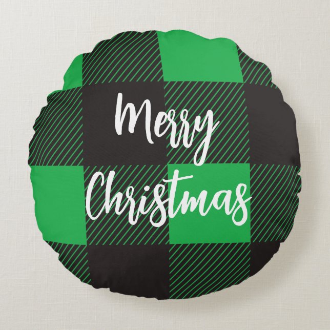 Cojín Redondo Green plaid Merry Christmas (Anverso)