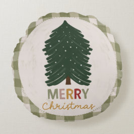 Cojín Redondo Green Plaid Merry Christmas, Rustic Farmhouse