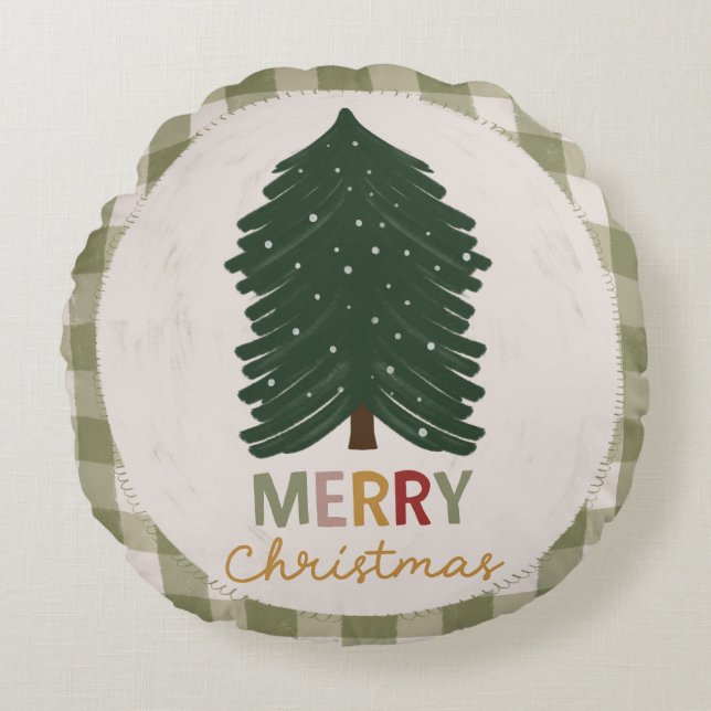 Cojín Redondo Green Plaid Merry Christmas, Rustic Farmhouse (Anverso)