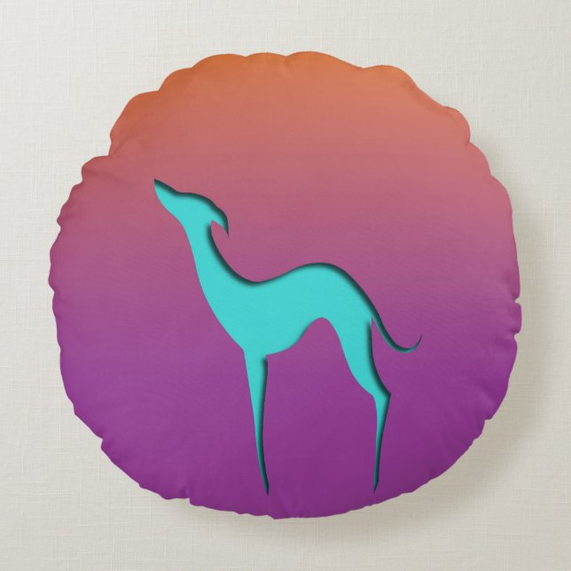 Cojín Redondo Greyhound Whippet dog azul naranja púrpura oscuro (Anverso)