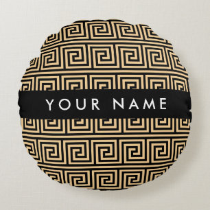 Cojín Redondo Griego Meander Key Brown, Tu Nombre, Personalizar