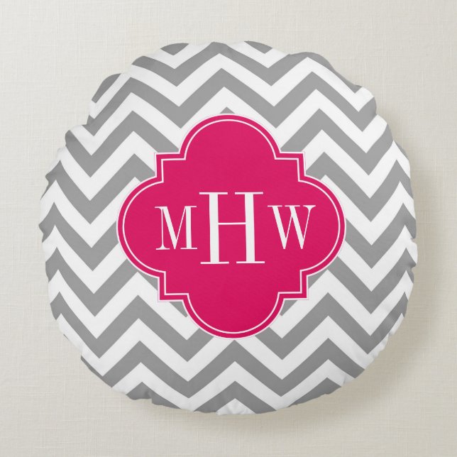 Cojín Redondo Gris Dk Lg Chevron Raspberry Quatrefoil 3 Monogram (Anverso)