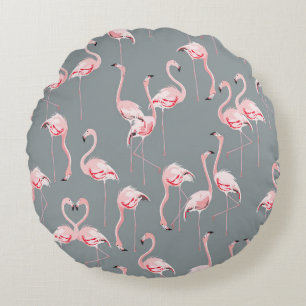 Cojín Redondo Gris Flamingo: Patrón Vintage de Seamless.