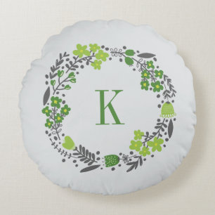 Cojín Redondo Gris floral personalizado del verde del monograma