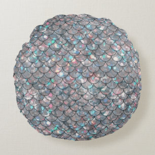 Cojín Redondo Gris plateado Mermaid Pescado escalas Holográficas