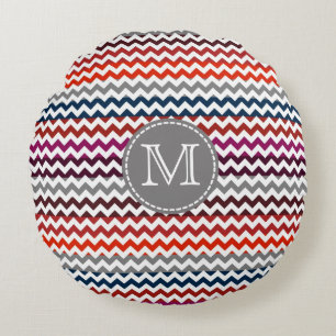 Cojín Redondo Gris Rojo Gris Chevron Zigzag Monograma