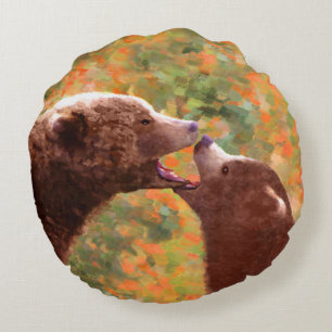 Cojín Redondo Grizzly Bear Mom and Cub Painting - Wildlife Art