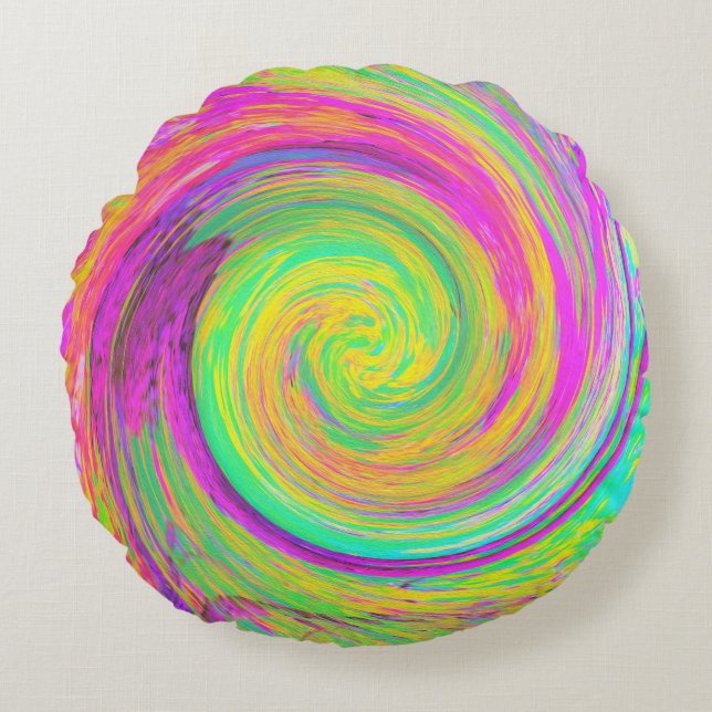 Cojín Redondo Groovy Abstract Púrpura y Amarillo líquido Swirl (Anverso)