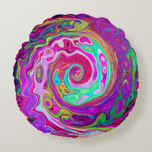Cojín Redondo Groovy Abstracto Retro Magenta Remolino de Arcoíri