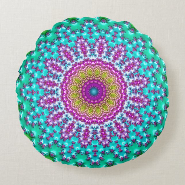 Cojín Redondo Groovy Colorful Jewel Tone Boho Fractal Mandala (Anverso)
