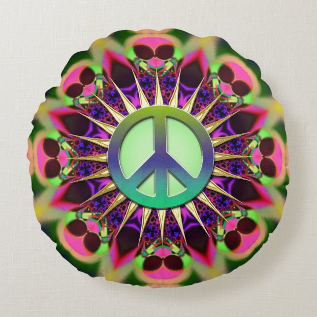 Cojín Redondo Groovy Pink Alien Signo de paz (Anverso)